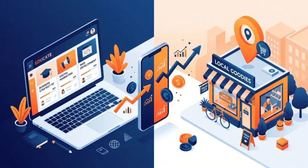 An illustrative graphic showing online courses and local businesses utilizing Instagram Reels monetization methods