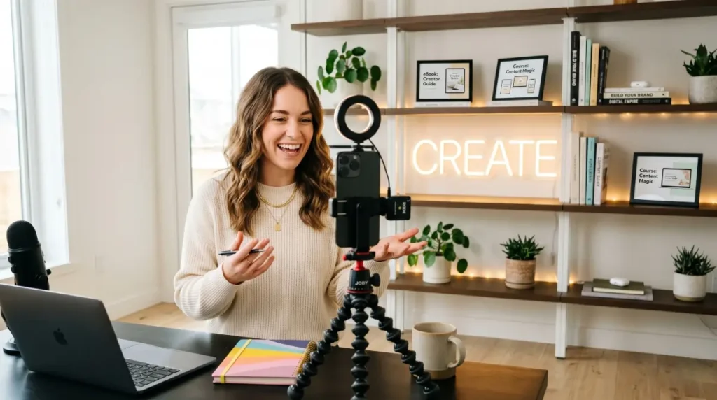 A content creator recording short-form videos in a studio to promote digital products and make money on Instagram Reels