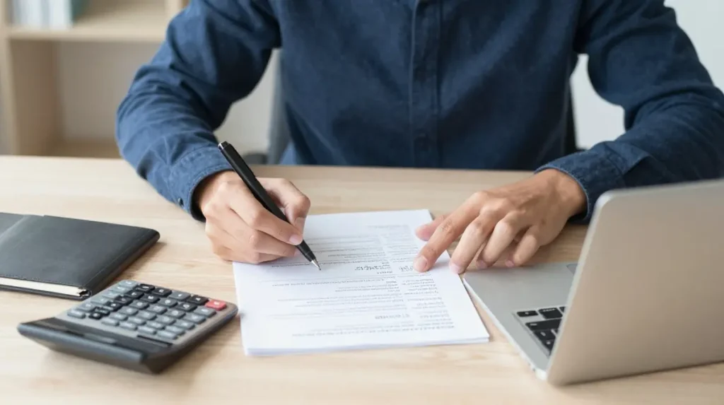 College student calculating monthly expenses and budgeting