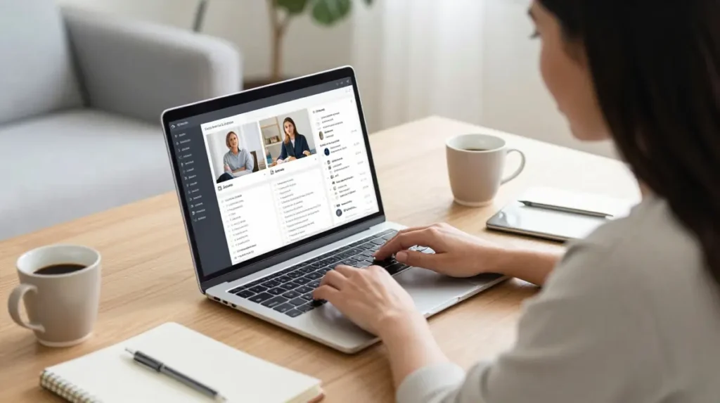 Female freelancer working from home with laptop and client projects