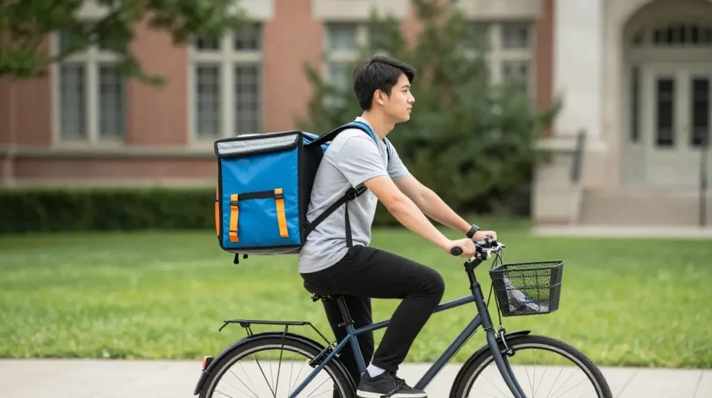 College student delivering food using a bicycle