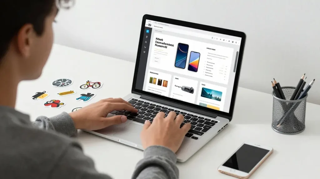 Student selling digital products online from a laptop