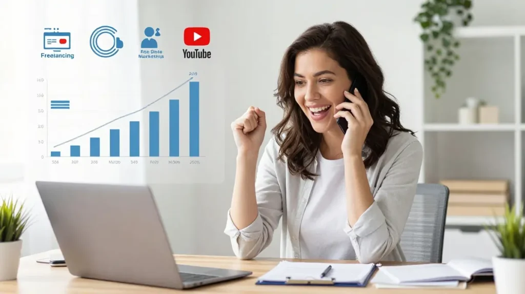 Successful woman managing multiple online income streams